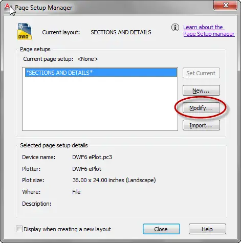 The AutoCAD Page Setup Manager dialogue box