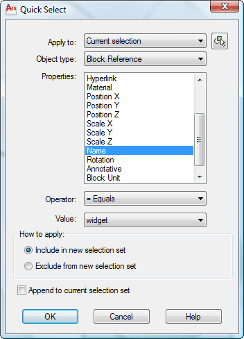 The Quick Select dialog box